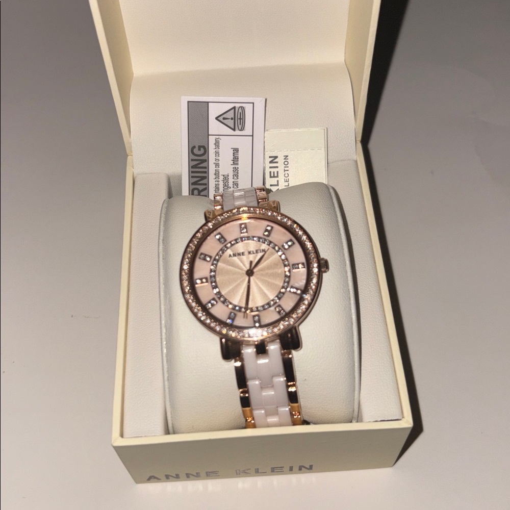 Anne Klein Rose Gold Bracelet Watch Blush Pink Ceramic Crystal Accented